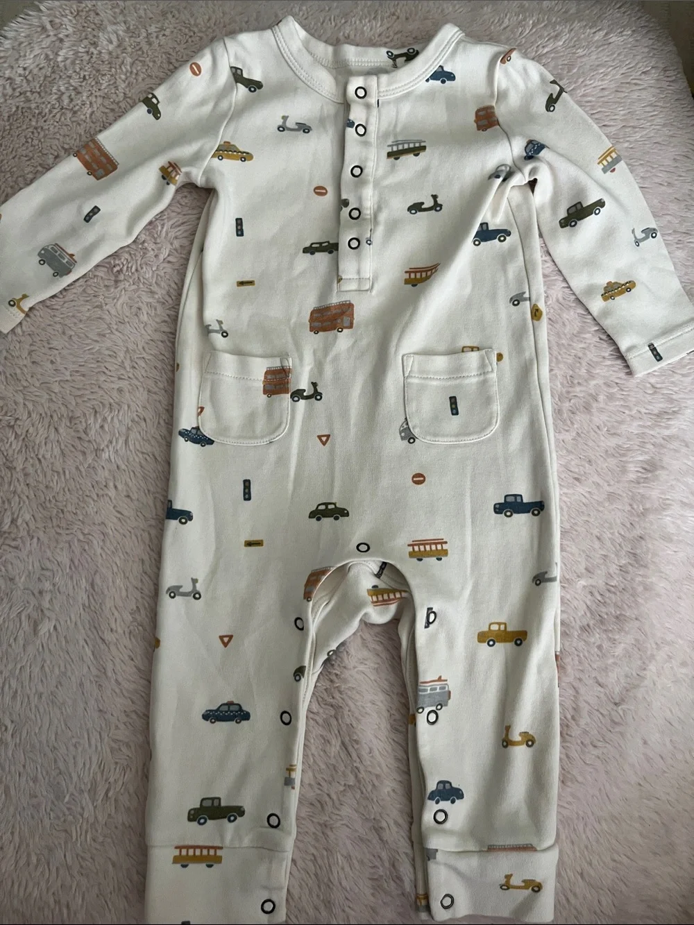 Pehr Cream Long-Sleeve Baby One-Piece with Vehicle Print